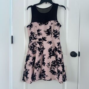 juniors dress for evening event,light/pale pink with black velvet roses